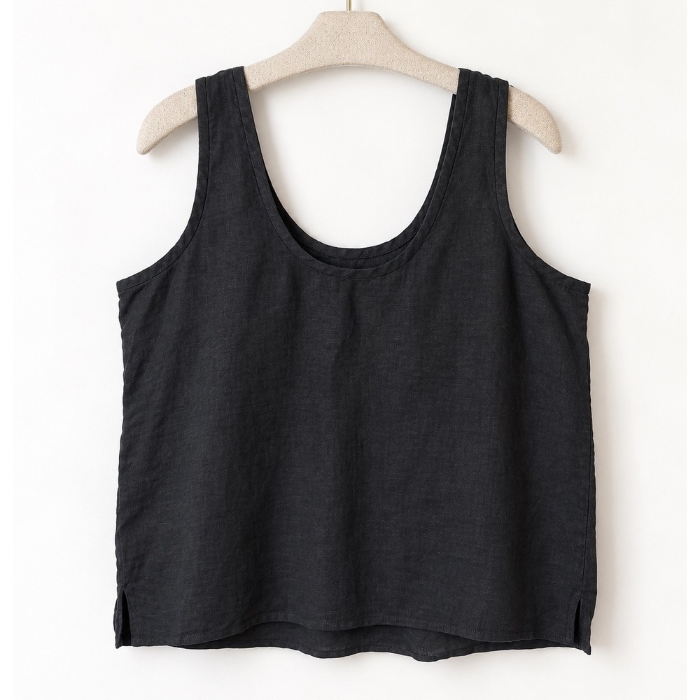 Everlane Linen Tank Top Womens 12 Black Scoop Neck Side Vent Minimalist